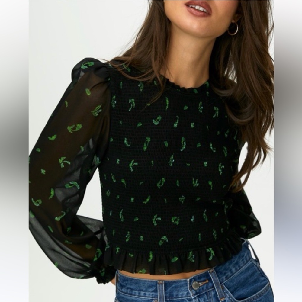 Wilfred Black Smocked Crop Blouse with Green Print